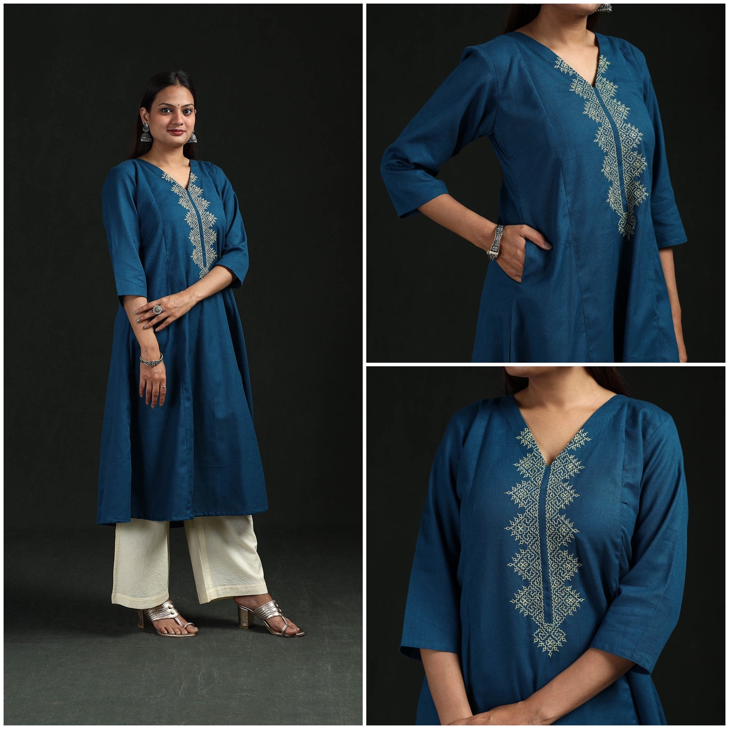 Flex cotton plain hand embroidered a-line kurta for women