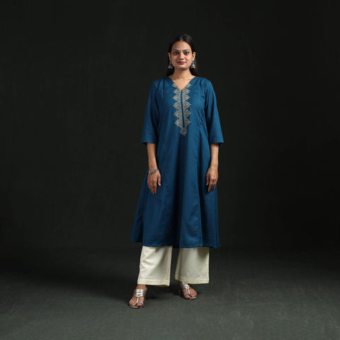 Flex cotton plain hand embroidered a-line kurta for women