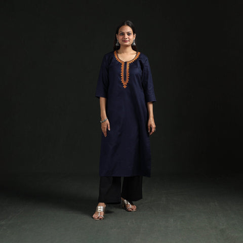 Flex cotton plain hand embroidered straight kurta for women
