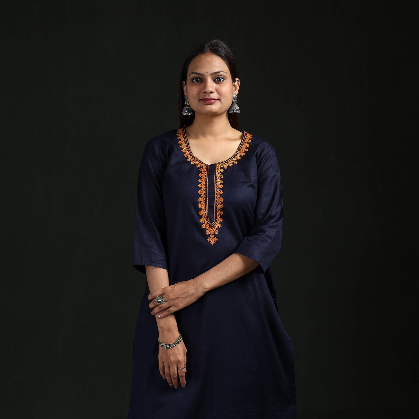 Flex cotton plain hand embroidered straight kurta for women