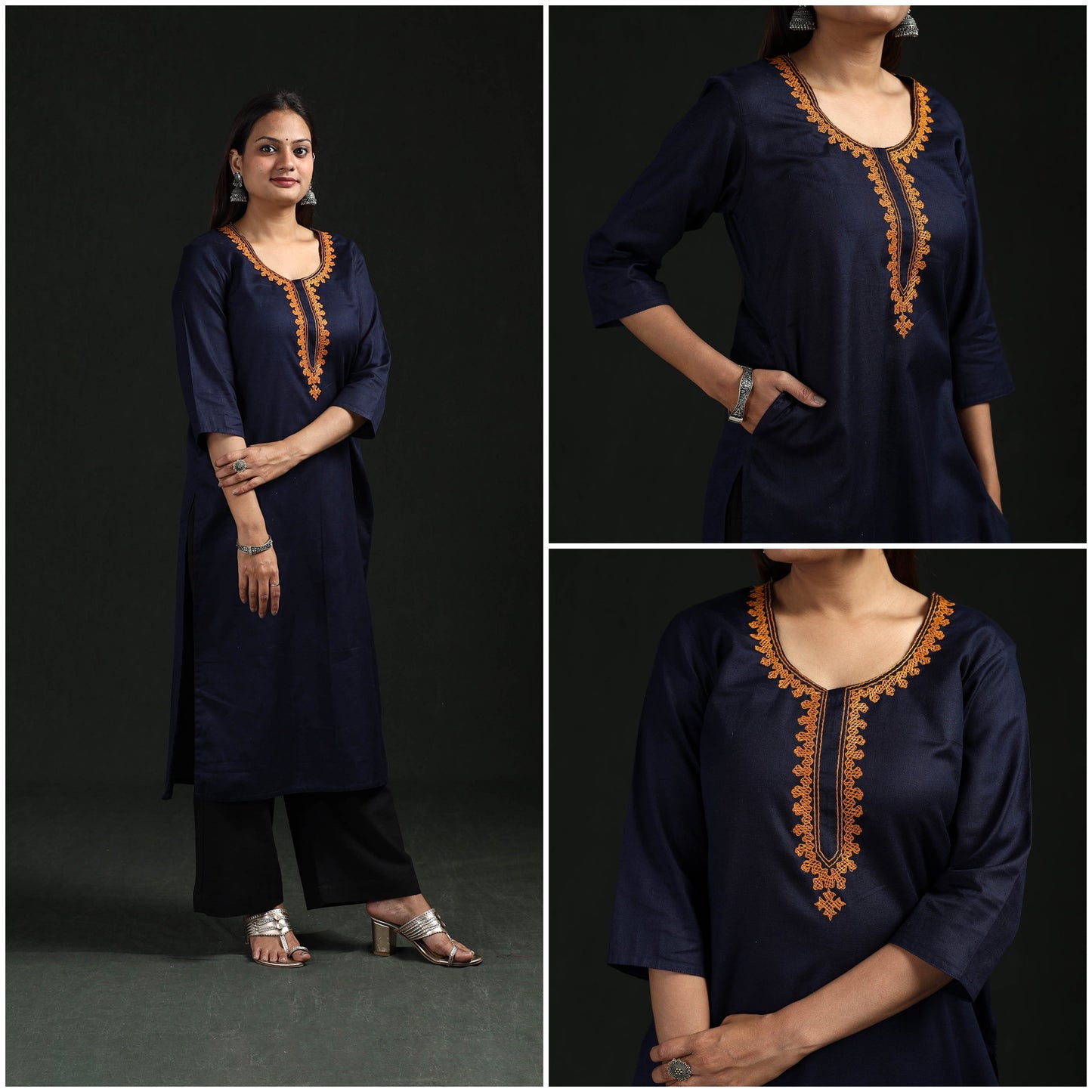 Flex cotton plain hand embroidered straight kurta for women
