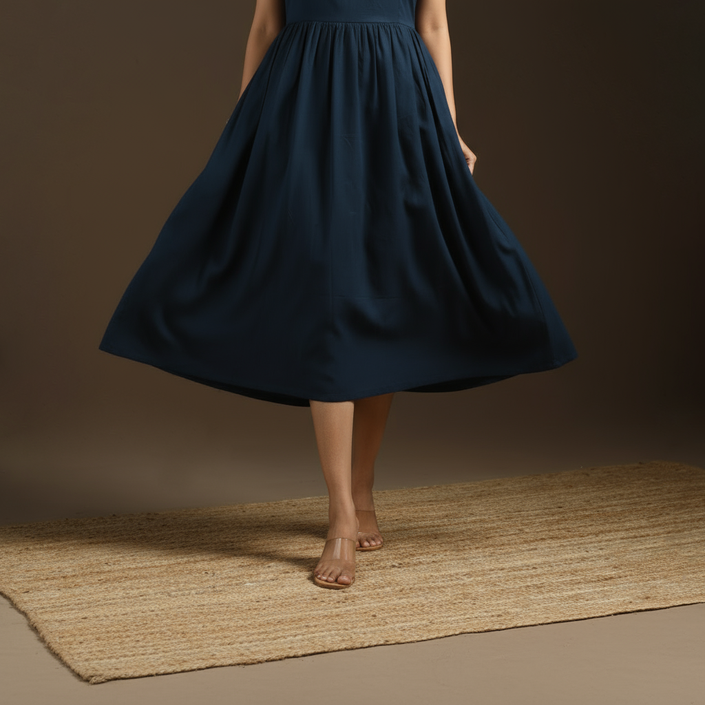 Blue - flex cotton tiered plain dress 03 - handcrafted