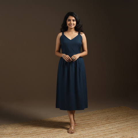 Blue - flex cotton tiered plain dress 03 - handcrafted