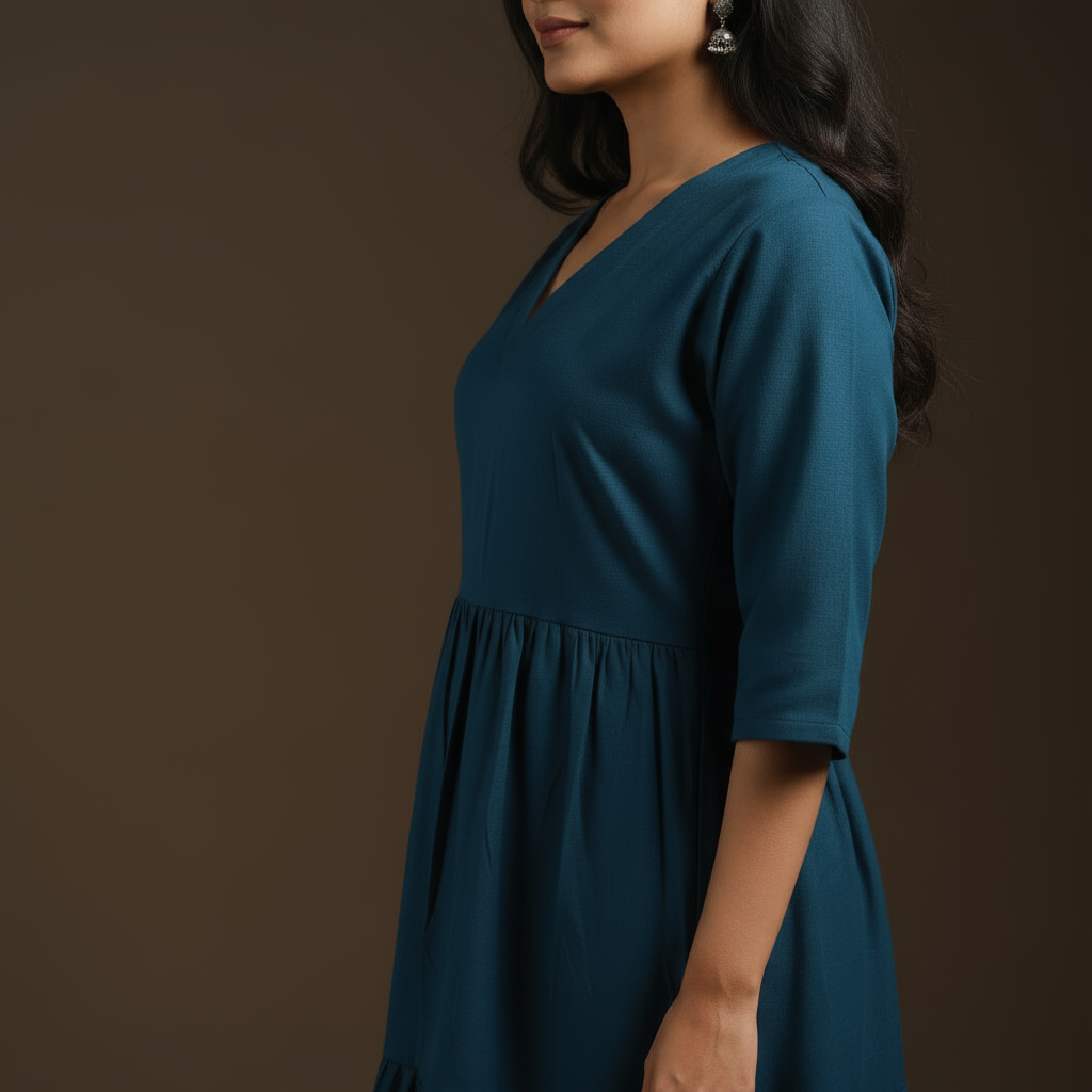 Blue - flex cotton tiered plain dress 06 - handcrafted