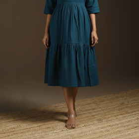 Blue - flex cotton tiered plain dress 06 - handcrafted