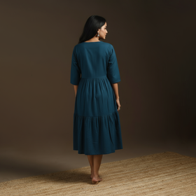 Blue - flex cotton tiered plain dress 06 - handcrafted
