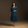 Blue - flex cotton tiered plain dress 06 - handcrafted