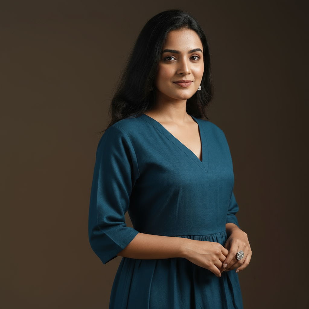 Blue - flex cotton tiered plain dress 06 - handcrafted