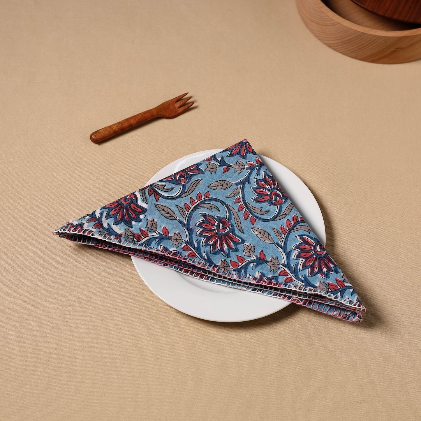  Blue Floral Sanganeri Block Print Cotton Table Napkin