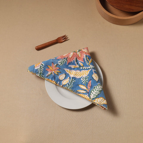 Blue Floral Block Print Cotton Hand Embroidery Table Napkin