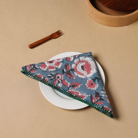 Blue Floral Block Print Cotton Hand Embroidery Table Napkin