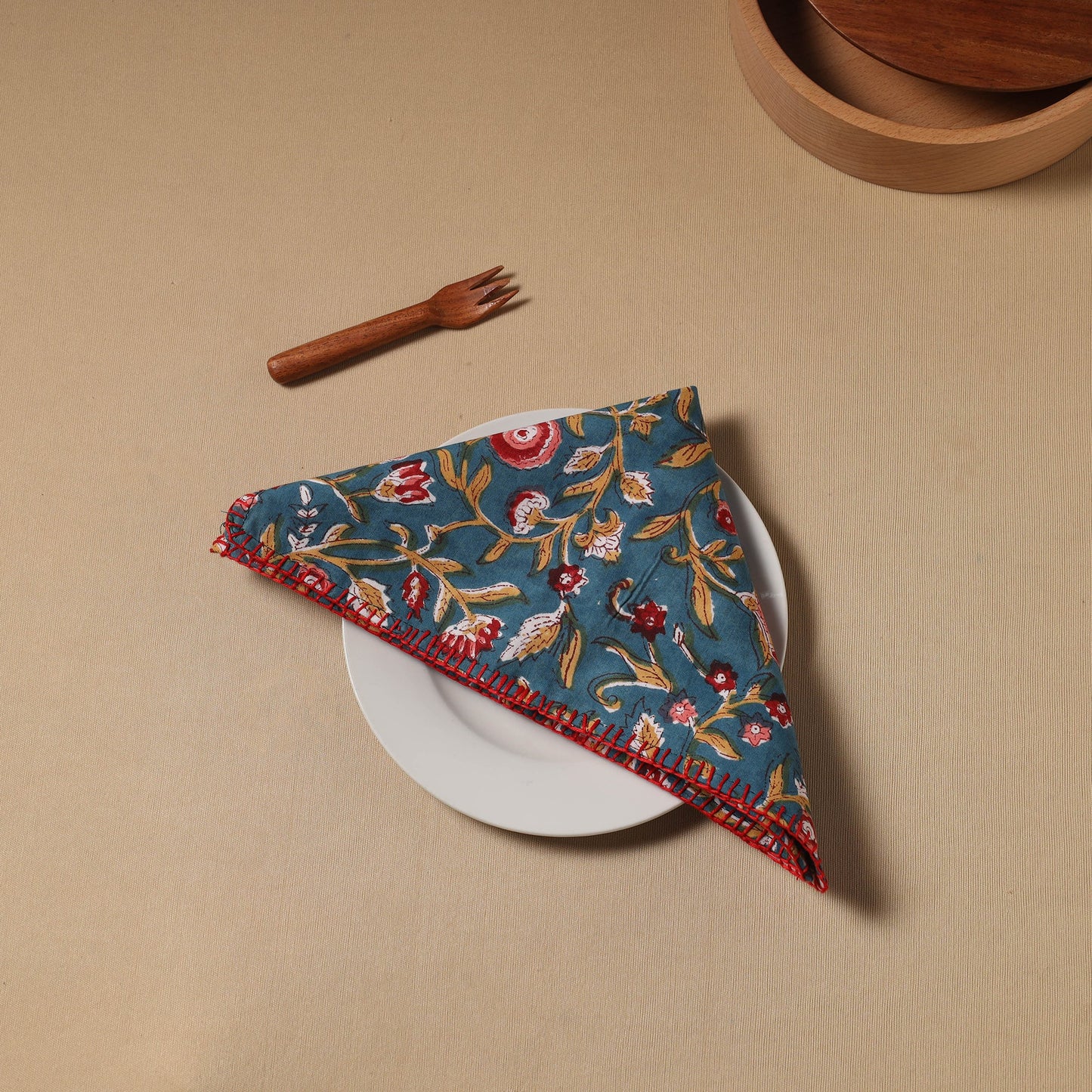Blue Floral Block Print Cotton Hand Embroidery Table Napkin