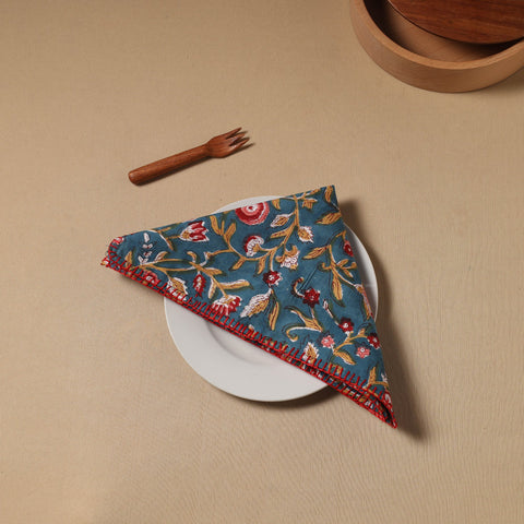Blue Floral Block Print Cotton Hand Embroidery Table Napkin