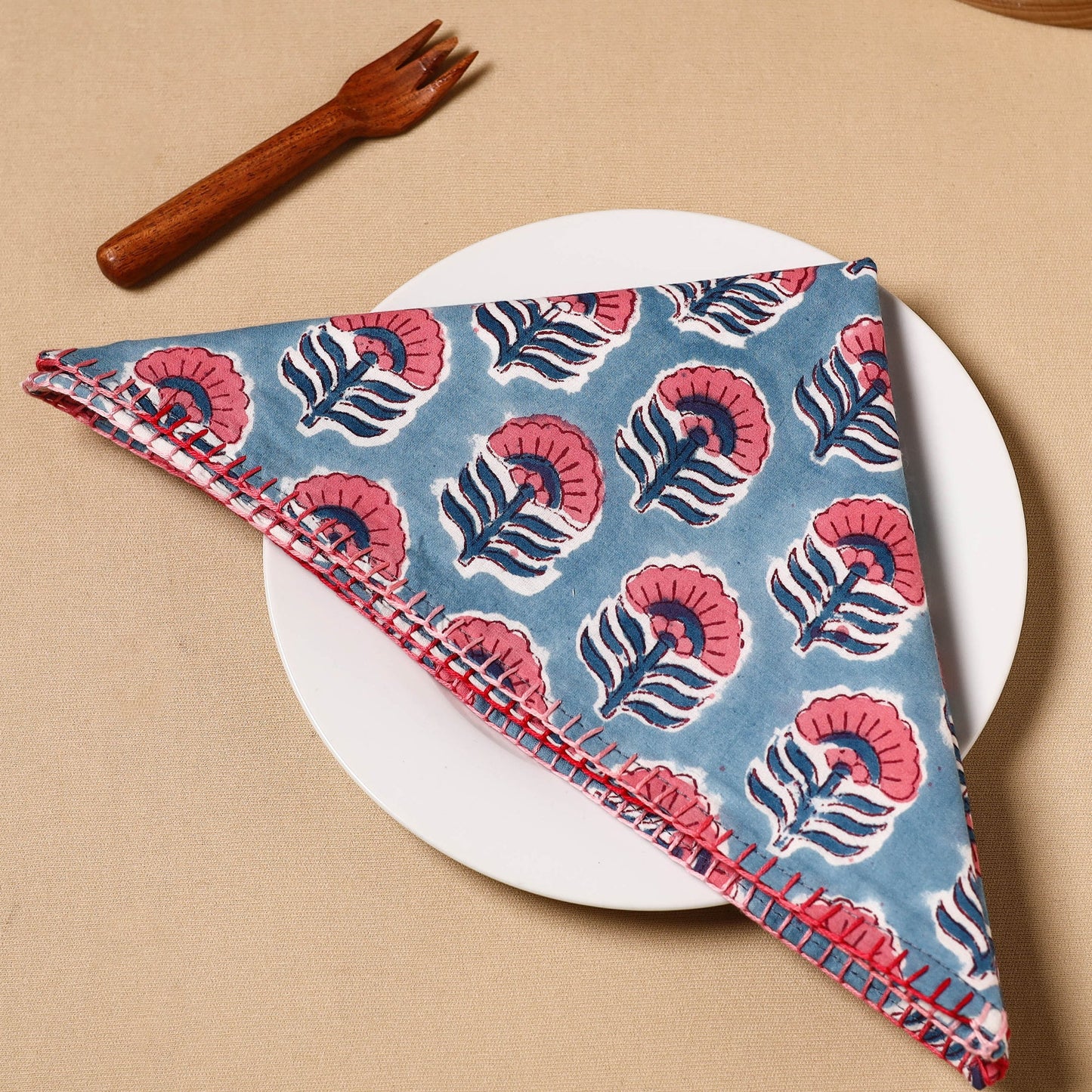 Blue Floral Block Print Cotton Hand Embroidery Table Napkin