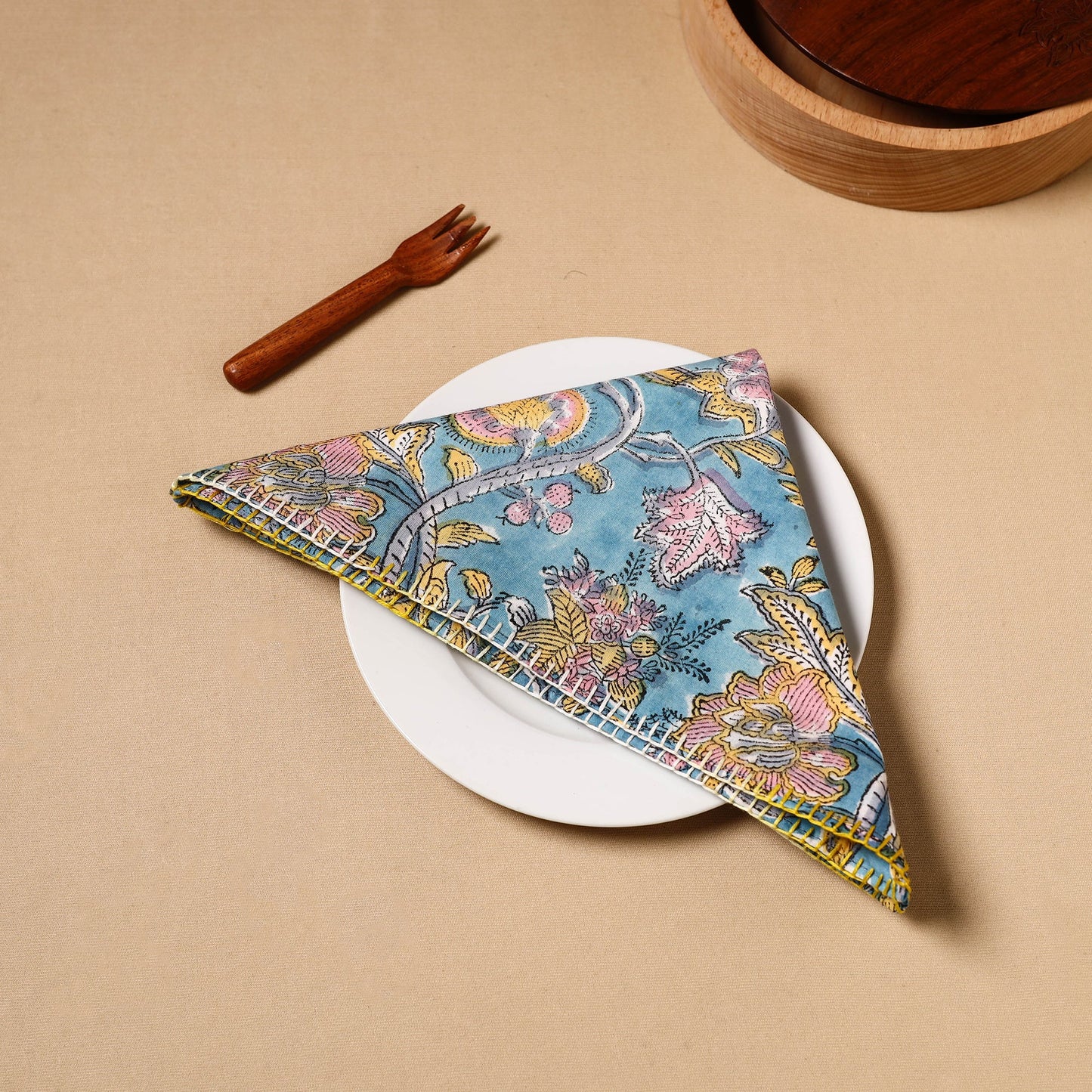 Blue Floral Block Print Cotton Hand Embroidery Table Napkin
