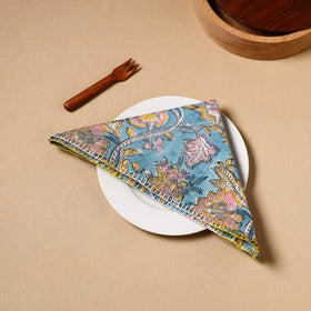 Blue Floral Block Print Cotton Hand Embroidery Table Napkin