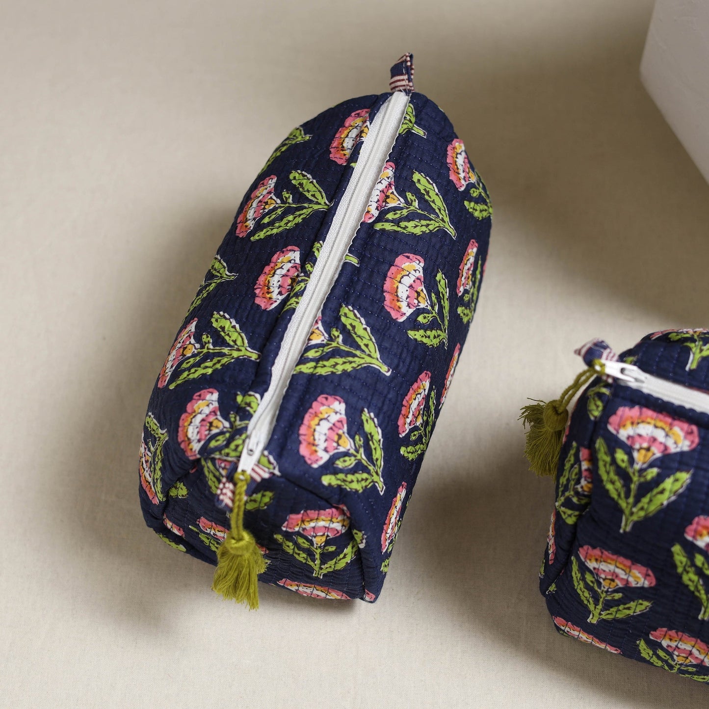 Floral hand block print quilted toiletry bags (set of 3) 07