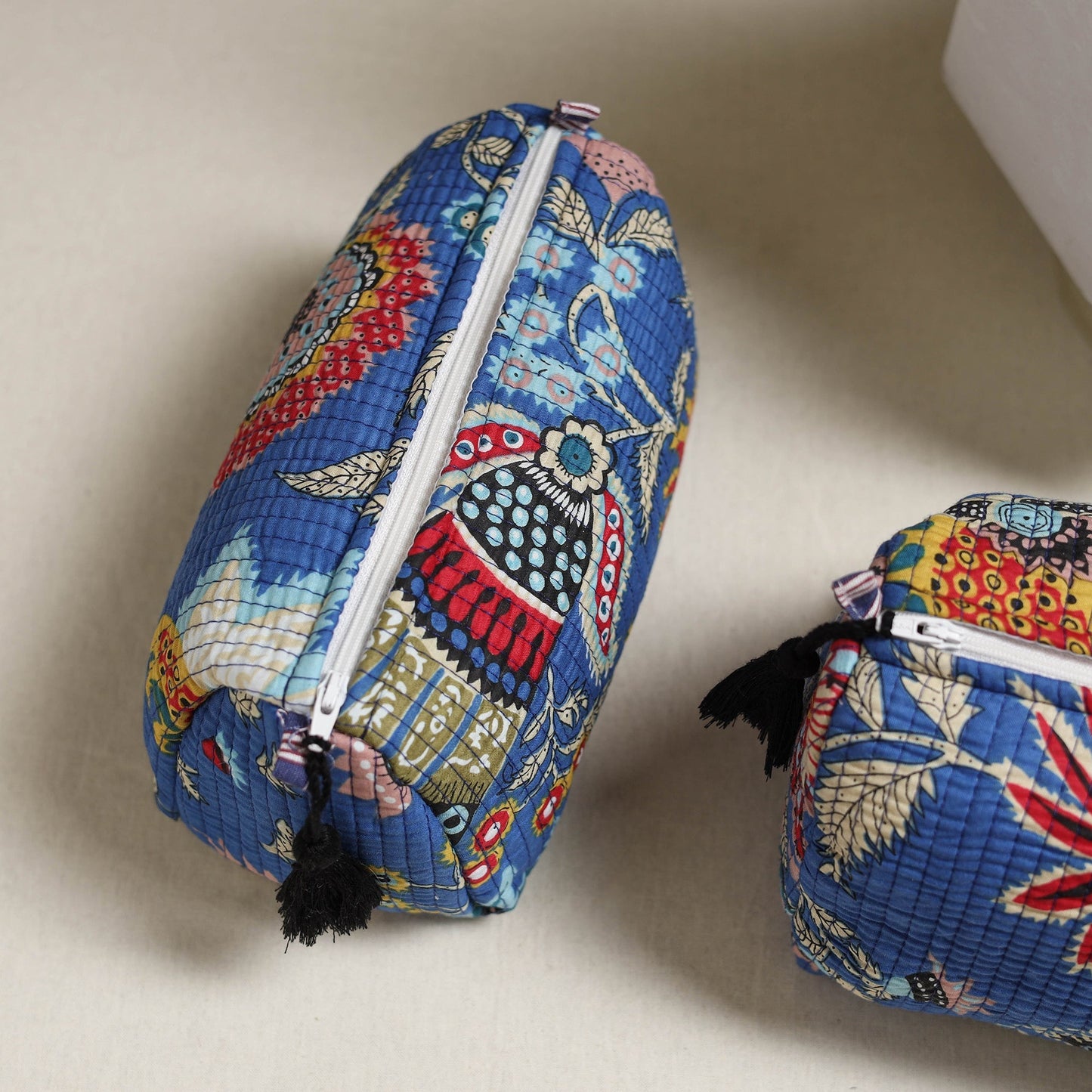 Floral hand block print quilted toiletry bags (set of 3) 12