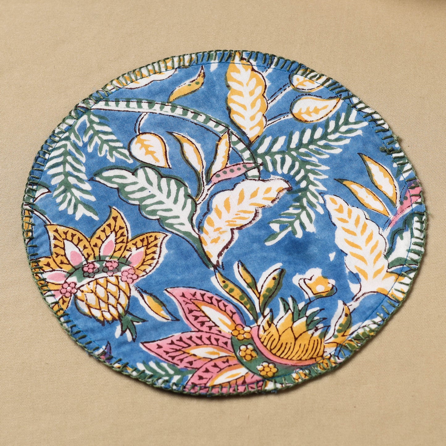  Blue Floral Block Print Hand Embroidery Roti Napkin 02