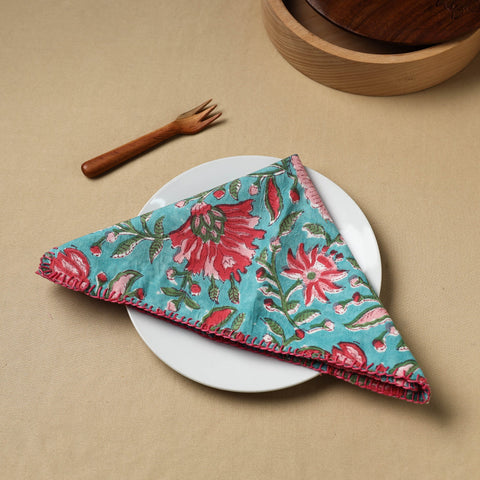Floral Block Print Hand Embroidery Table Napkin