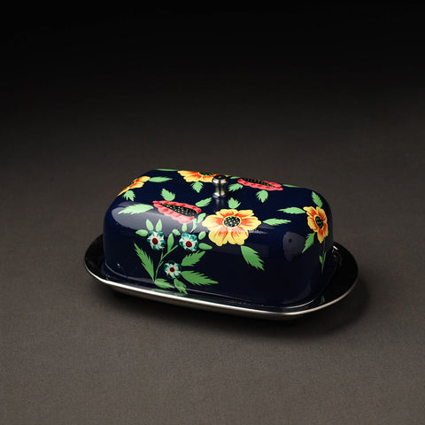 Floral Black Handpainted Enamelware Stainless Steel Butter Dish