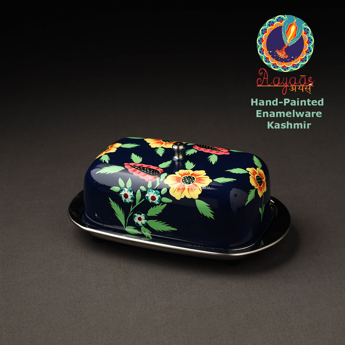 Floral Black Handpainted Enamelware Stainless Steel Butter Dish