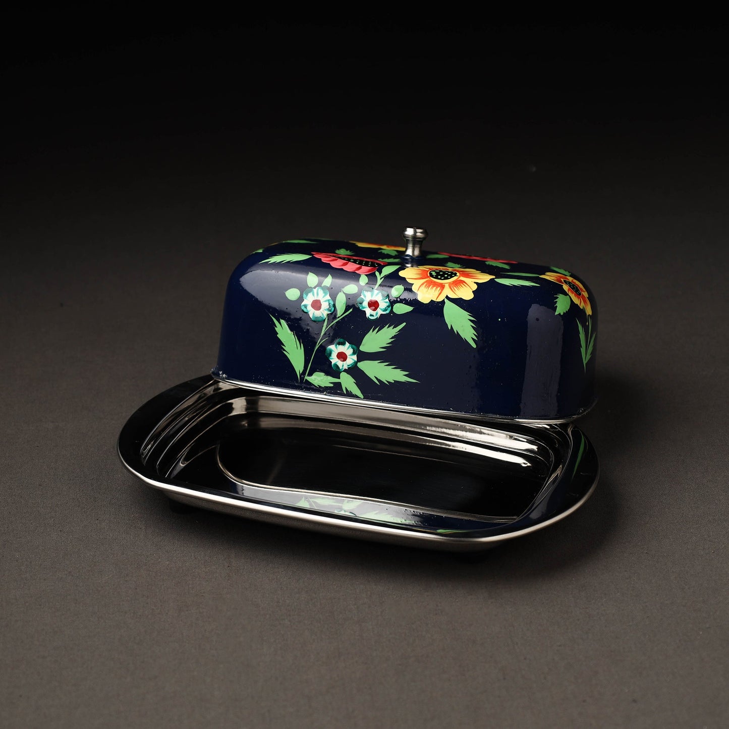 Floral Black Handpainted Enamelware Stainless Steel Butter Dish