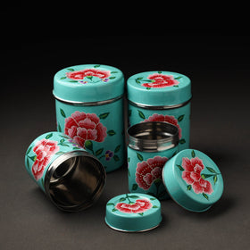 Floral Blue Handpainted Enamelware Stainless Steel Container