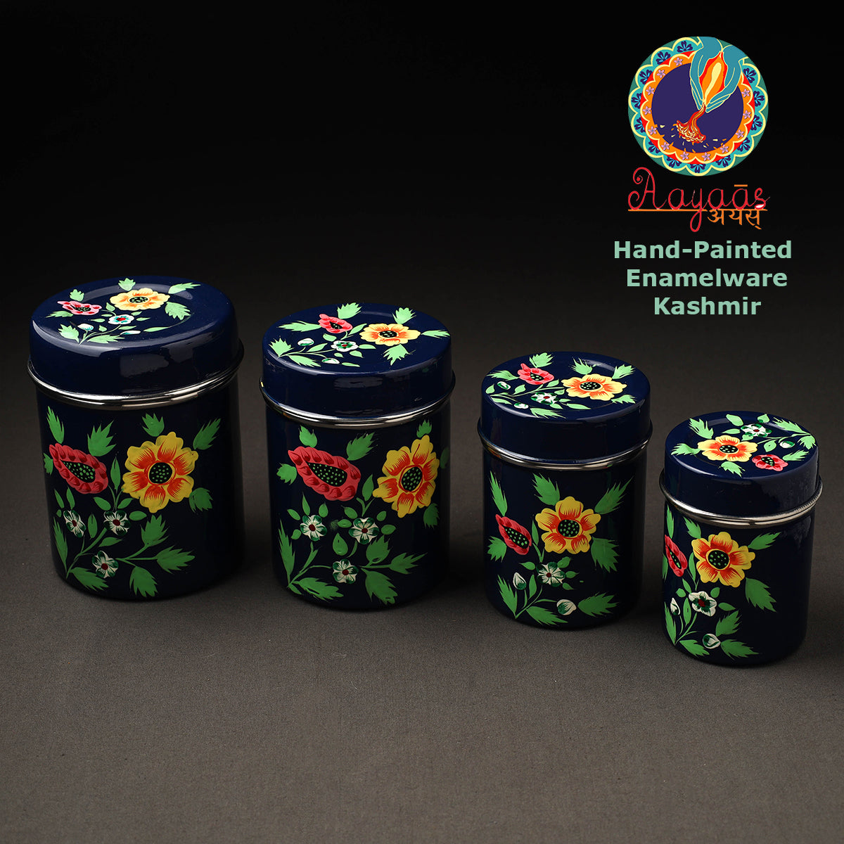 Floral Blue Handpainted Enamelware Stainless Steel Container 