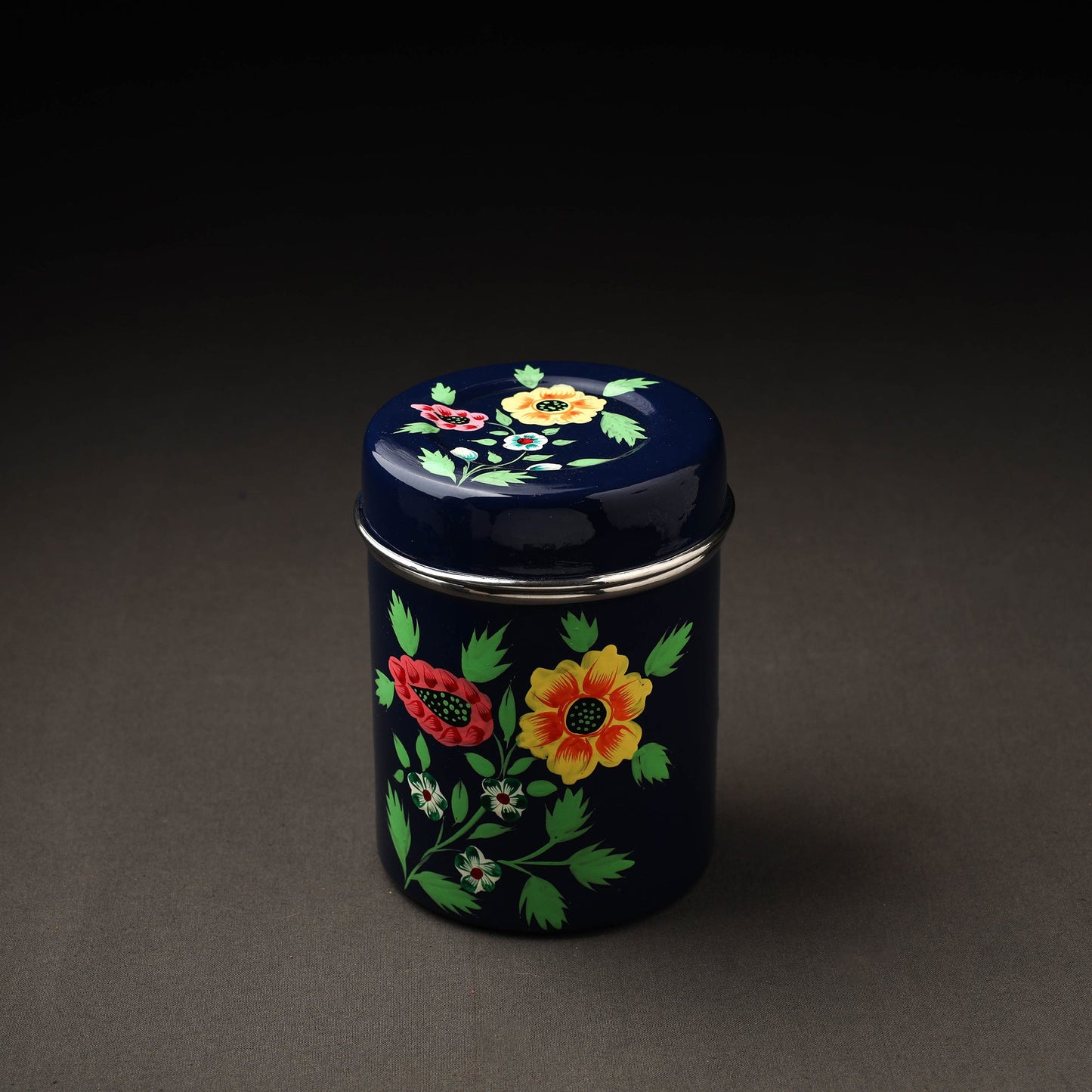 Floral Blue Handpainted Enamelware Stainless Steel Container 