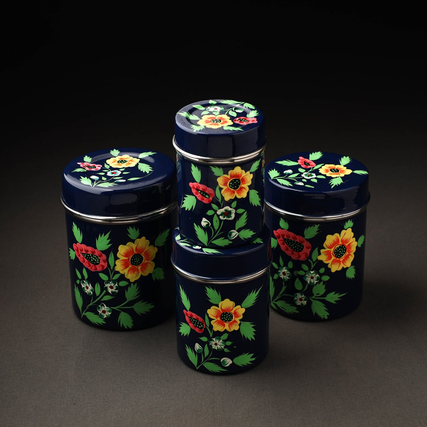 Floral Blue Handpainted Enamelware Stainless Steel Container 