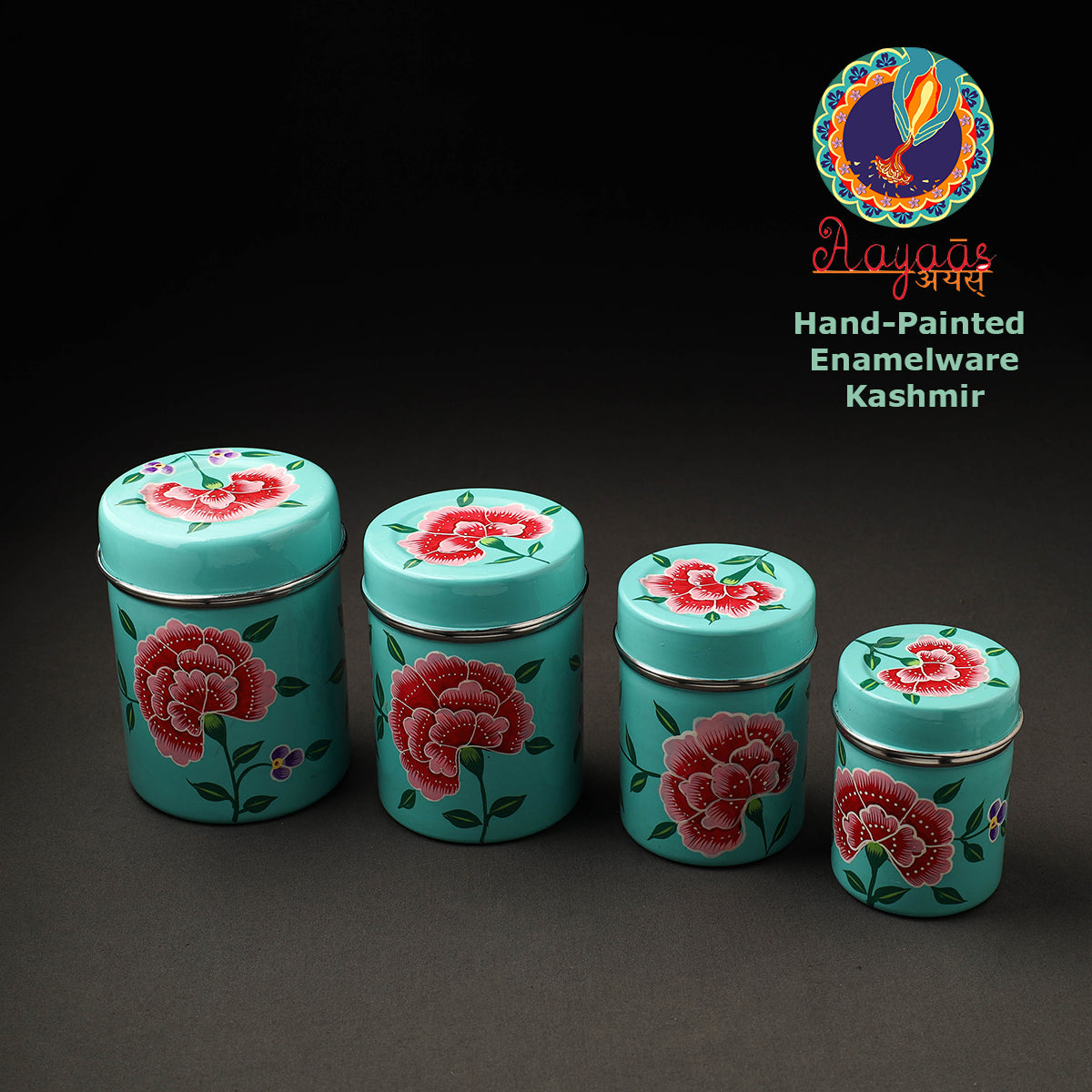 Floral Blue Handpainted Enamelware Stainless Steel Container