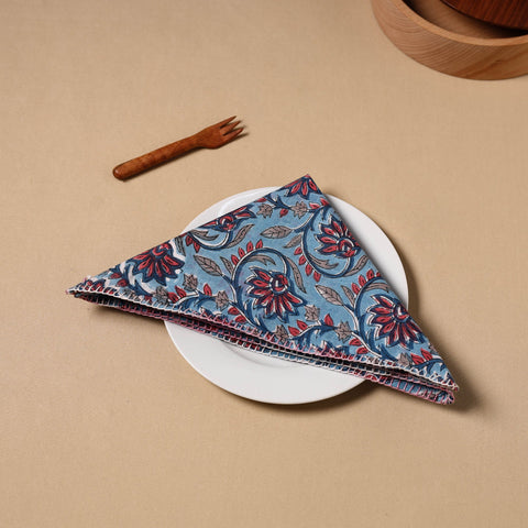  Blue Floral Sanganeri Block Print Cotton Table Napkin