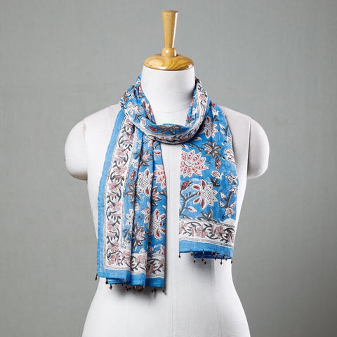  Blue with Pink Flowers Sanganeri Block Printed Cotton Stole with Beaded Border 