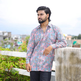 Blue Full Sleeve Block Print Cotton Men Sanganeri Shirt