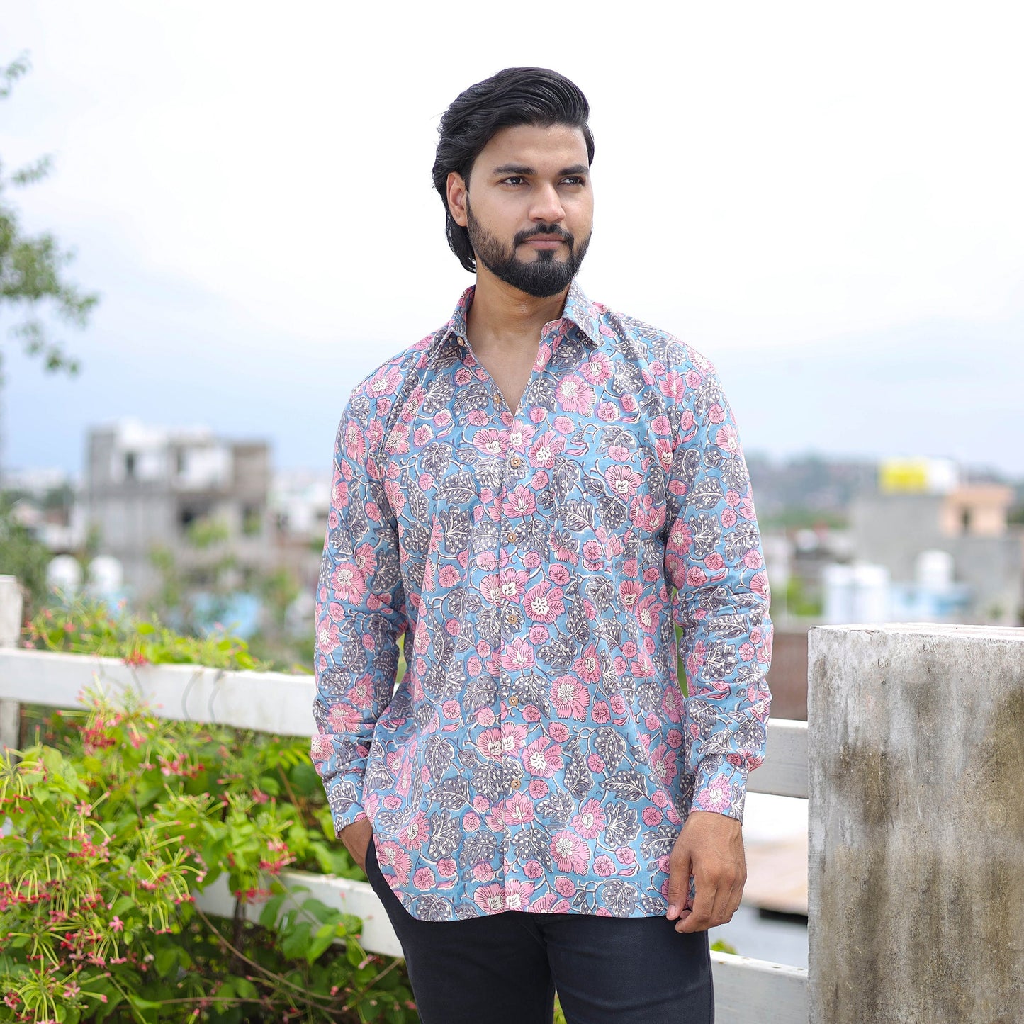 Blue Full Sleeve Block Print Cotton Men Sanganeri Shirt