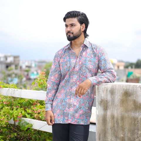 Blue Full Sleeve Block Print Cotton Men Sanganeri Shirt