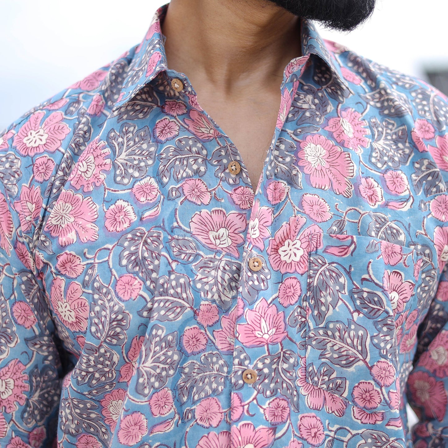 Blue Full Sleeve Block Print Cotton Men Sanganeri Shirt