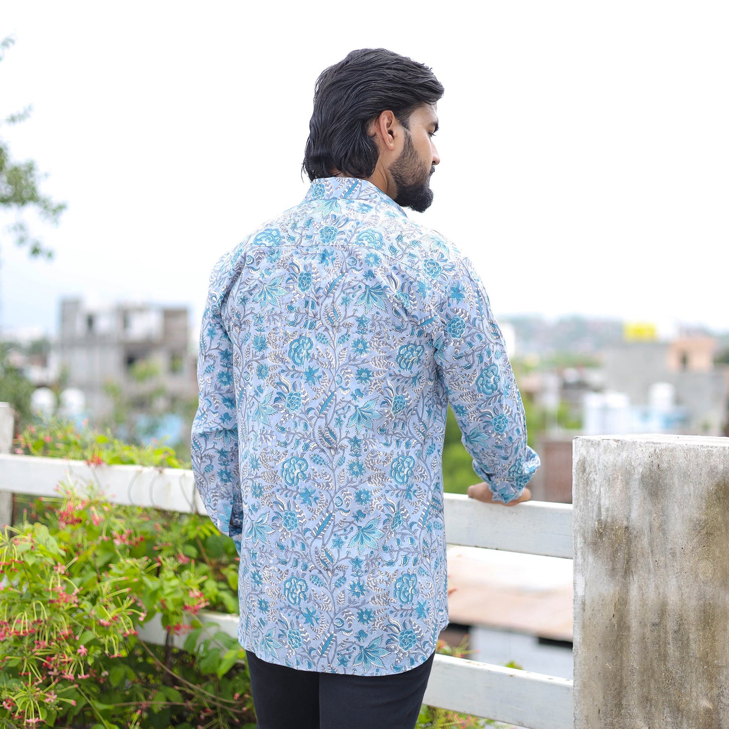 Blue Full Sleeve Block Print Cotton Men Sanganeri Shirt