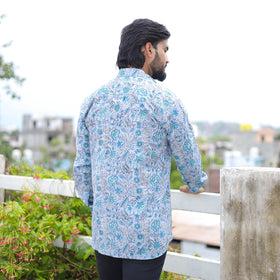 Blue Full Sleeve Block Print Cotton Men Sanganeri Shirt