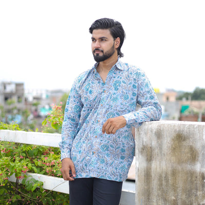Blue Full Sleeve Block Print Cotton Men Sanganeri Shirt