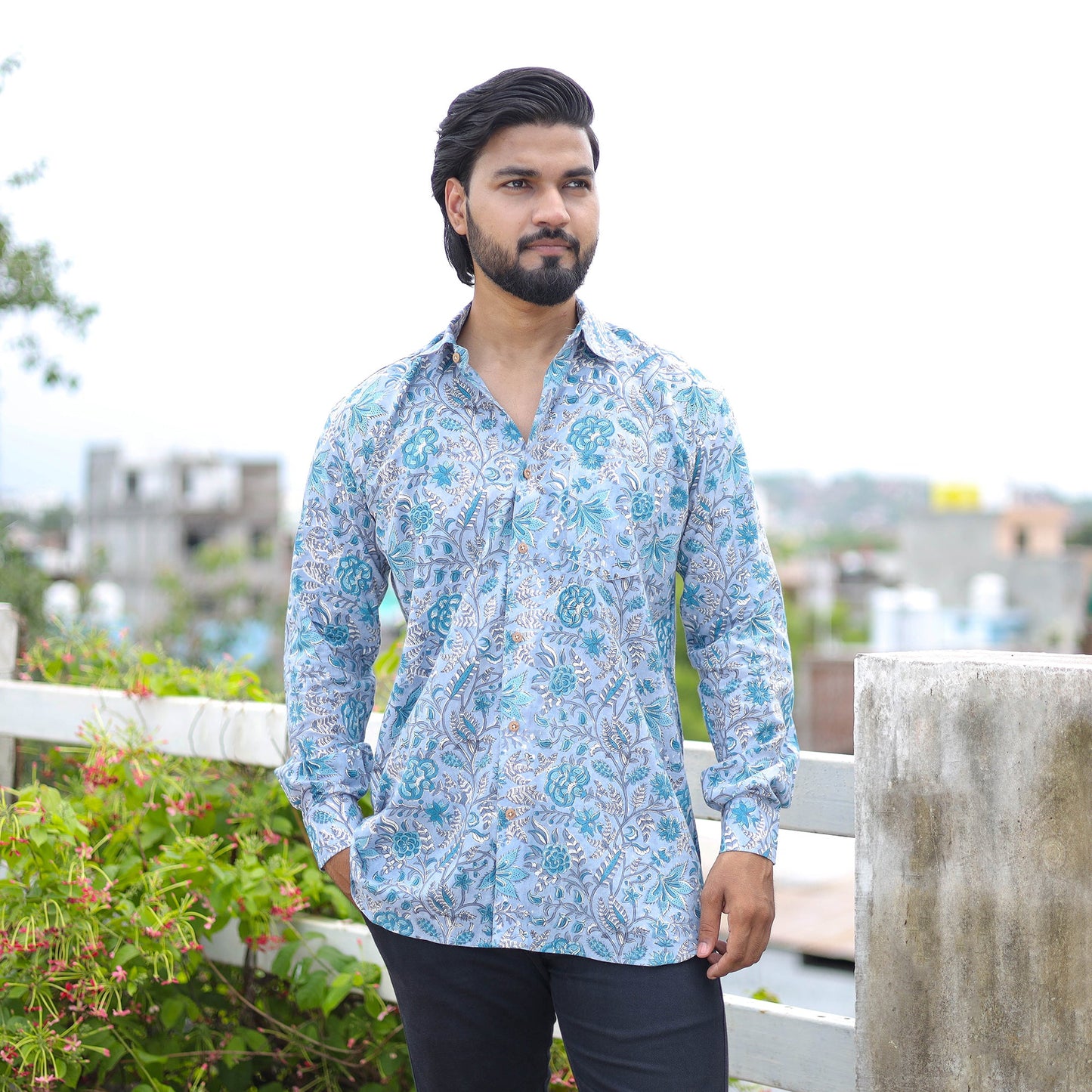 Blue Full Sleeve Block Print Cotton Men Sanganeri Shirt