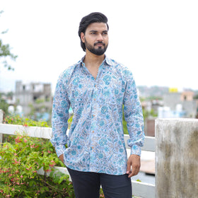 Blue Full Sleeve Block Print Cotton Men Sanganeri Shirt
