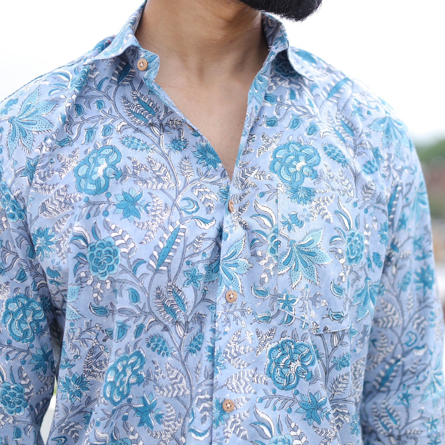 Blue Full Sleeve Block Print Cotton Men Sanganeri Shirt