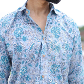 Blue Full Sleeve Block Print Cotton Men Sanganeri Shirt