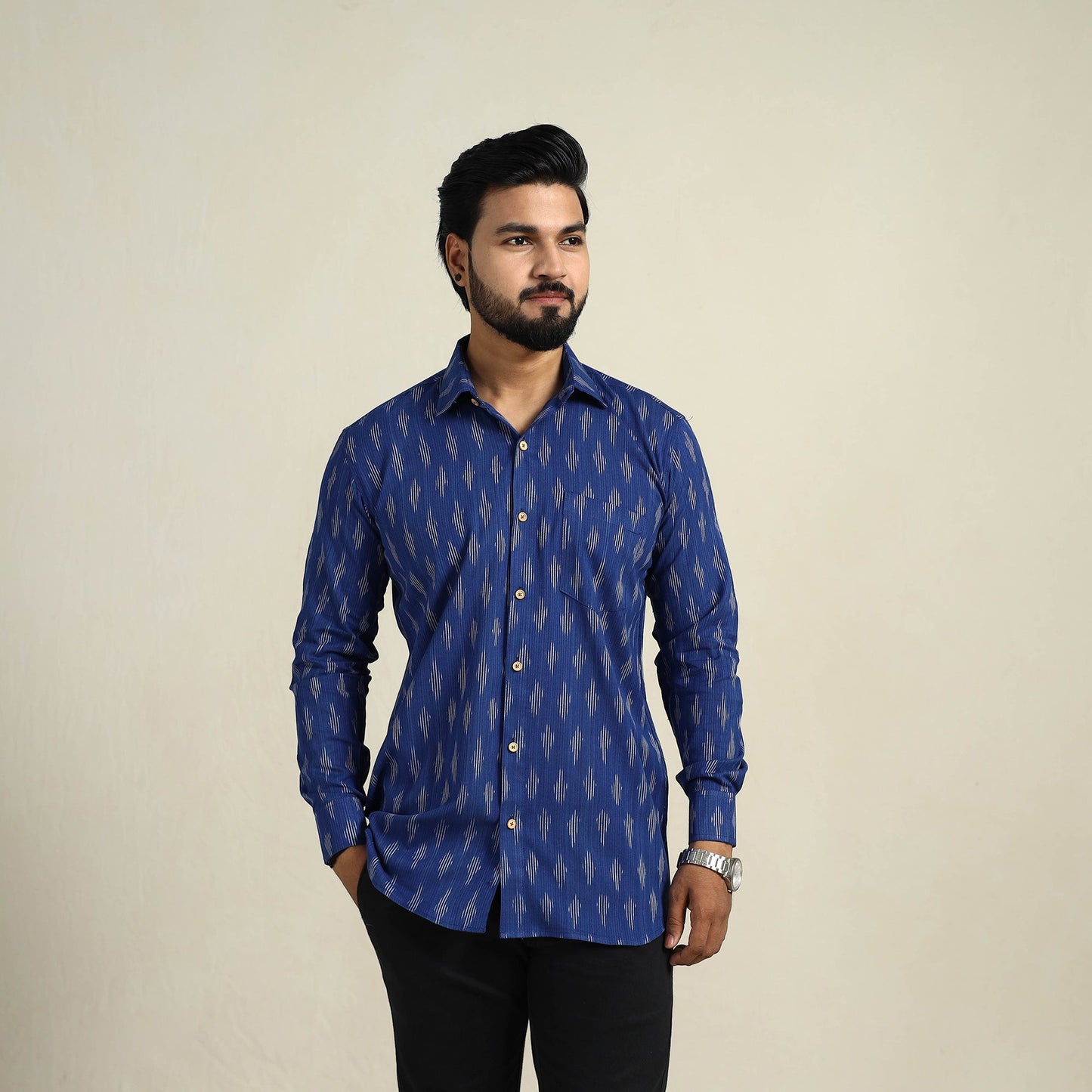 Buy Blue Full Sleeve Men Cotton Pochampally Ikat Shirt