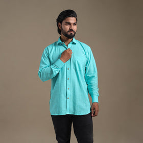 Blue Full Sleeve Slub Cotton Men Plain Shirt