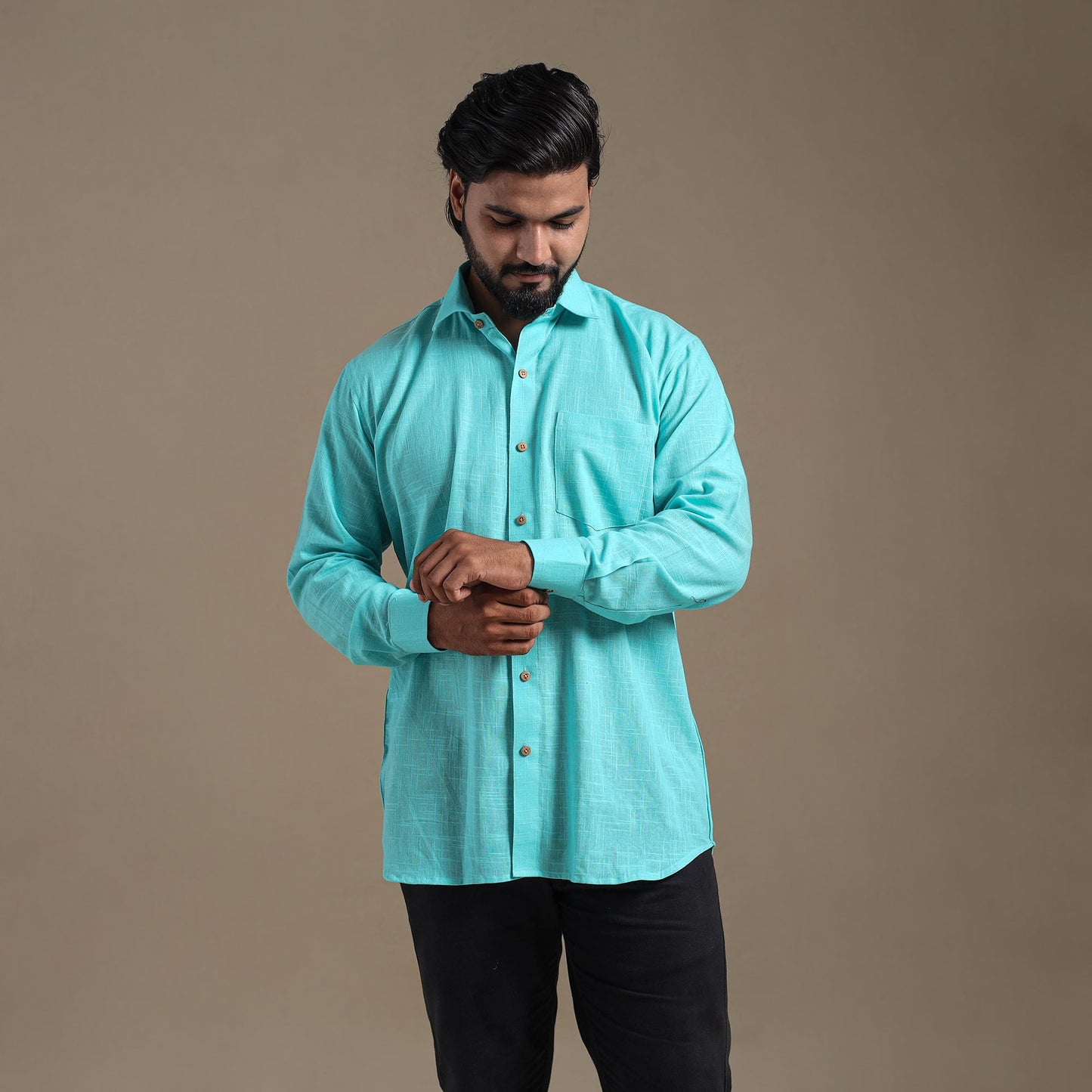 Blue Full Sleeve Slub Cotton Men Plain Shirt