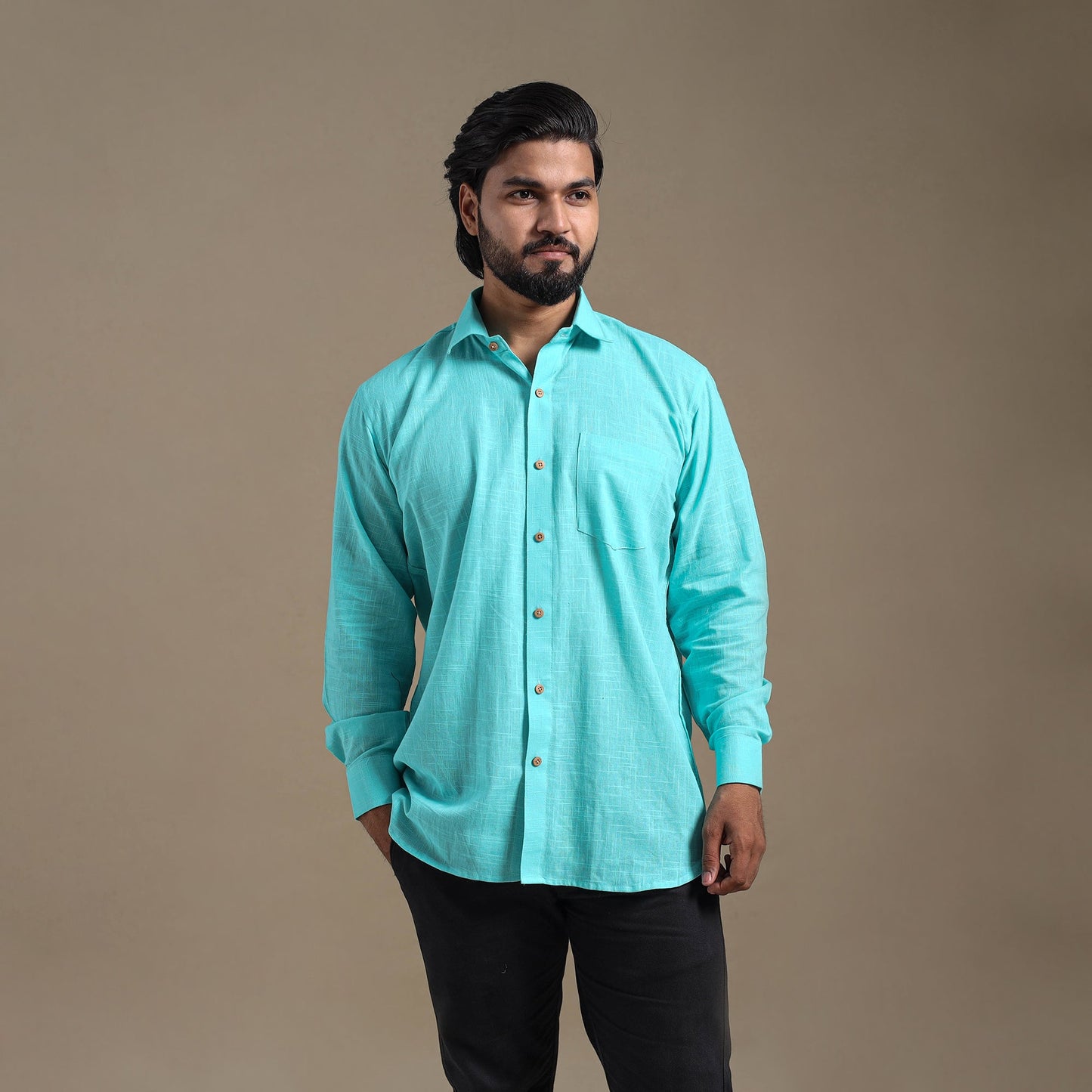 Blue Full Sleeve Slub Cotton Men Plain Shirt
