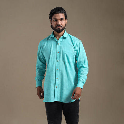 Blue Full Sleeve Slub Cotton Men Plain Shirt